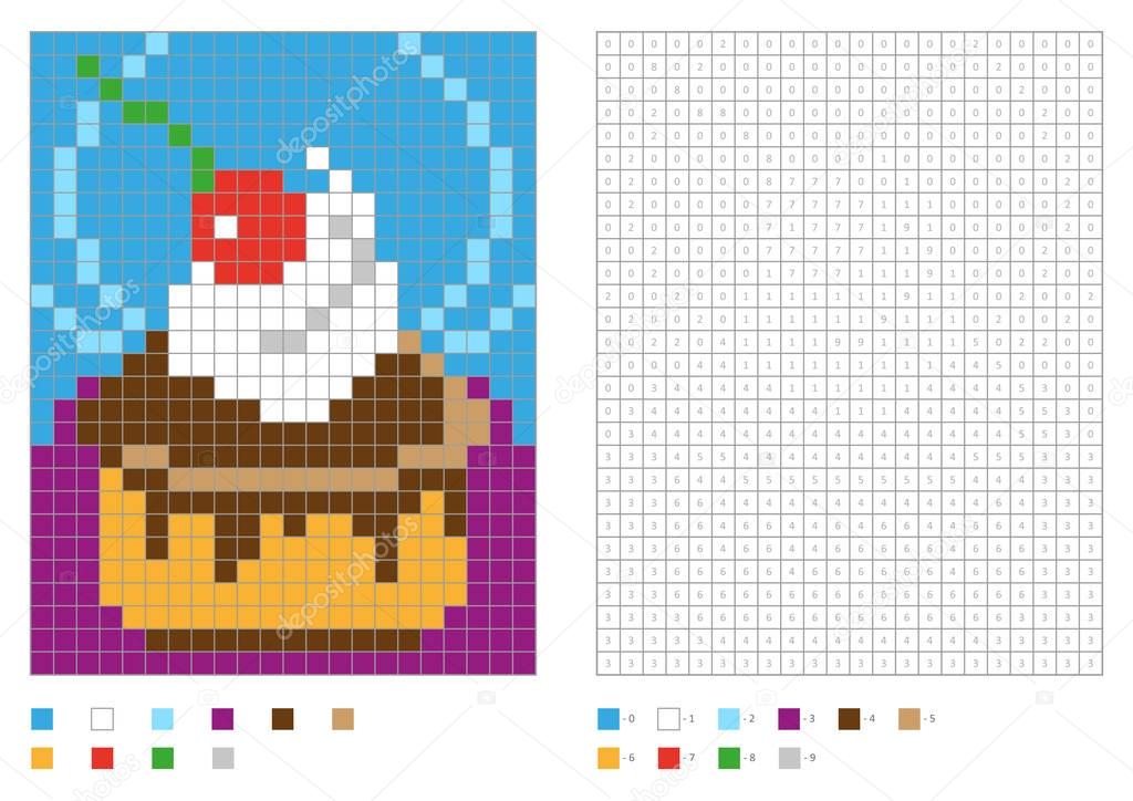 Kids coloring page, pixel coloring with numbered squares. Cake with cream and cherry
