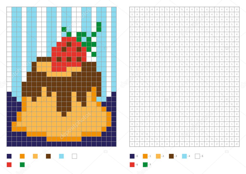 Kids coloring page, pixel coloring with numbered squares. Cake with chocolate and strawberry
