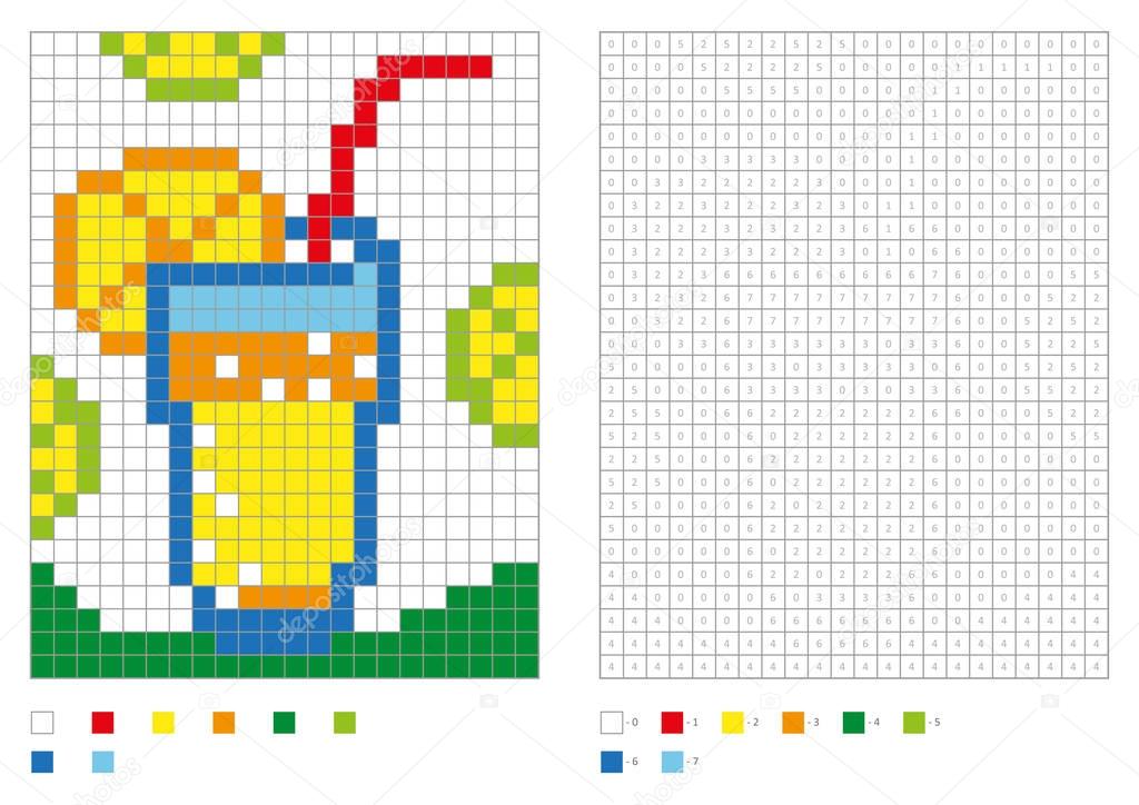 Kids coloring page, pixel coloring with numbered squares. Orange juice, drink