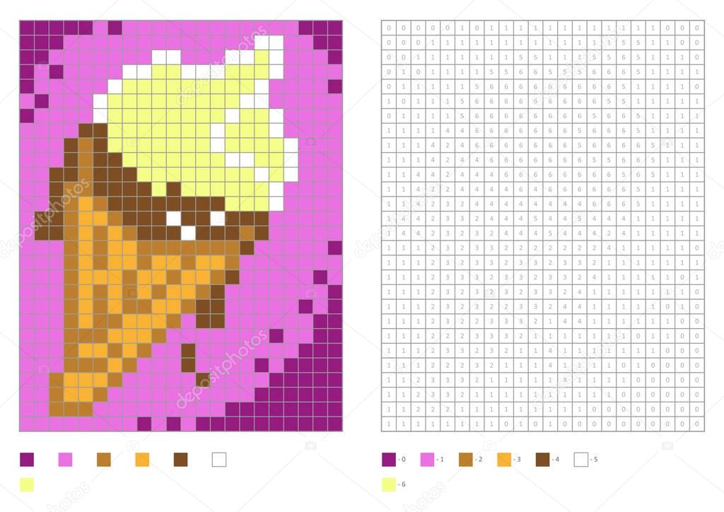 Kids coloring page, pixel coloring with numbered squares. Ice cream