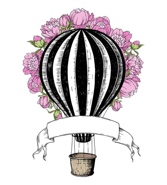 Globo de aire caliente con peonía rosa, plantilla para invitación de boda. dirigible retro sobre fondo blanco — Archivo Imágenes Vectoriales