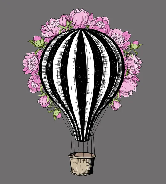 Globo de aire caliente con peonía rosa, plantilla para invitación de boda — Vector de stock