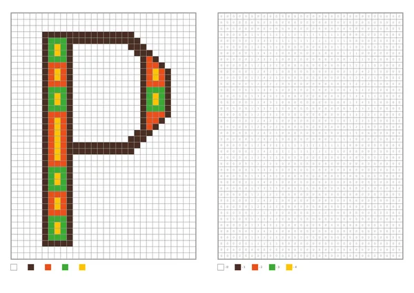 ABC zbarvení stránky. Pixel abeceda omalovánky s očíslovaných čtverců pro děti — Stockový vektor