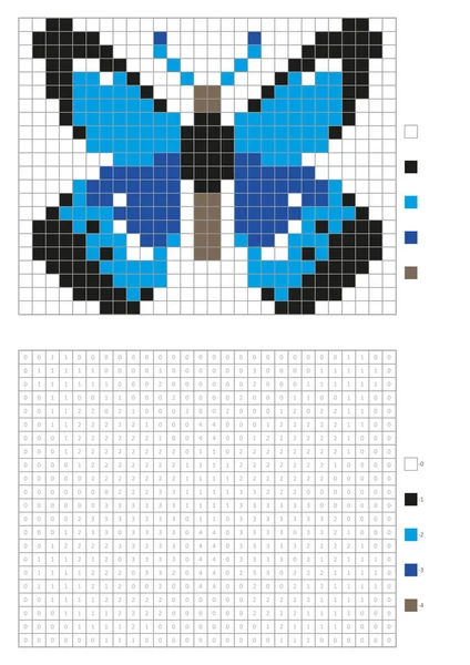 Página para colorear para niños, píxeles para colorear con cuadrados numerados. Mariposa azul — Vector de stock