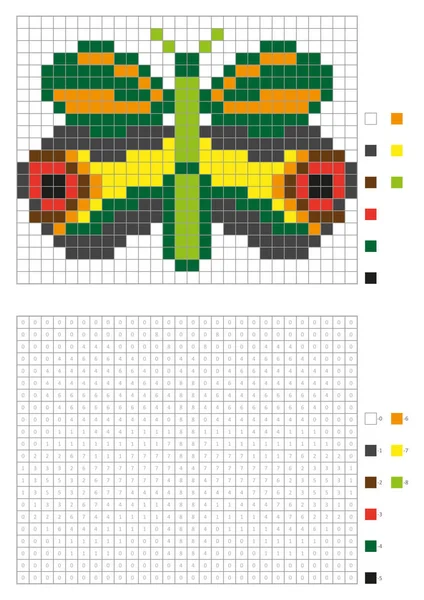 Coloriage enfants, coloriage pixel avec carrés numérotés. Papillon vert — Image vectorielle