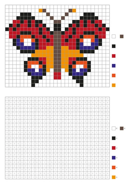 Děti zbarvení stránku, pixel obarvení očíslované čtverečky. Červený motýl — Stockový vektor