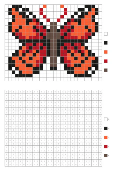 Kolorowanki dla dzieci, kolorowanki z pikseli numerowane kwadratów. Czerwony Motyl — Wektor stockowy