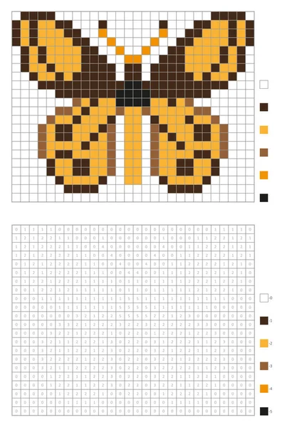 Página para colorear para niños, píxeles para colorear con cuadrados numerados. Mariposa naranja — Archivo Imágenes Vectoriales