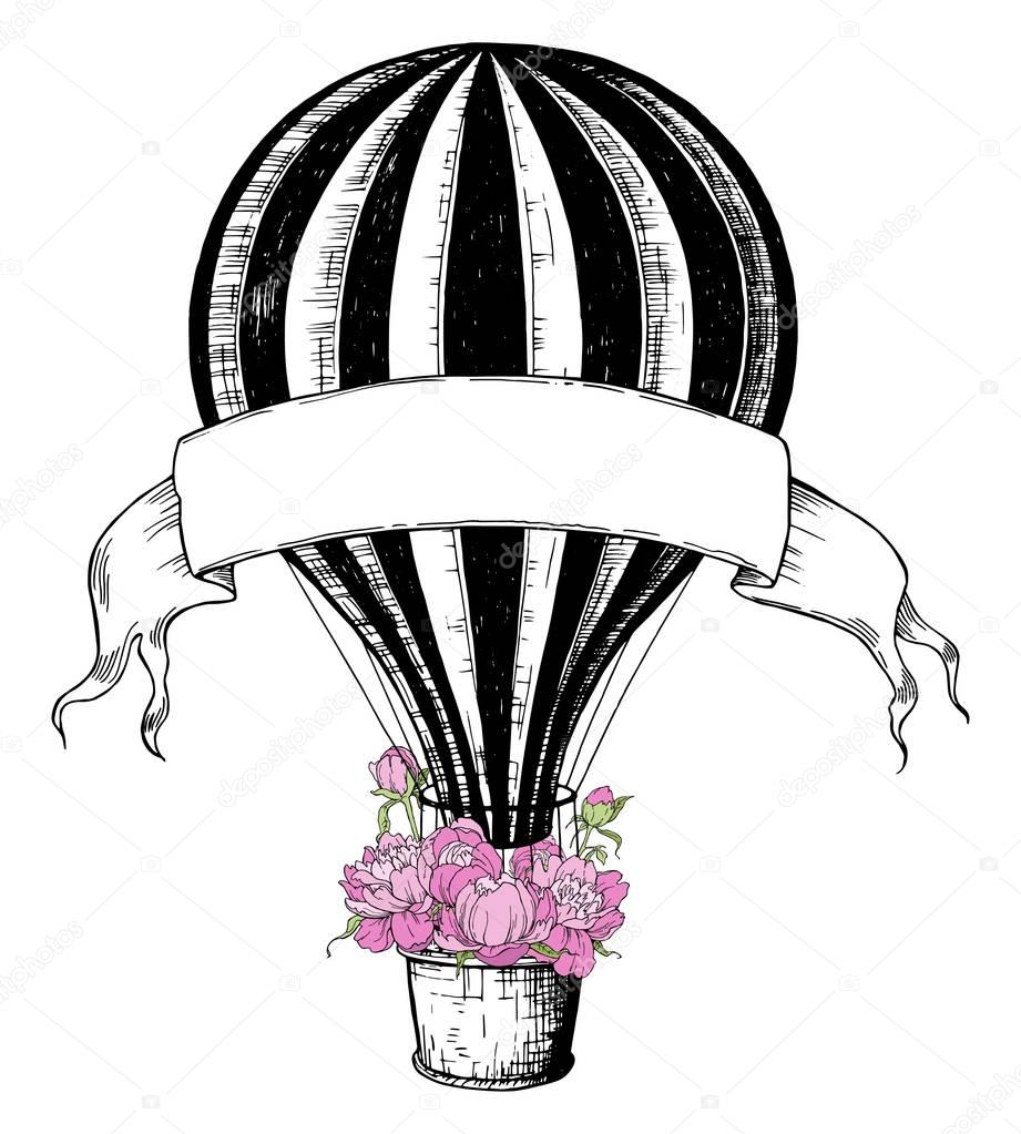 Hot Air Balloon with pink peony, template for wedding invitation. Retro airship on white background
