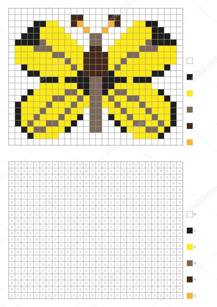 Kids coloring page, pixel coloring with numbered squares. Yellow butterfly. Vector illustration