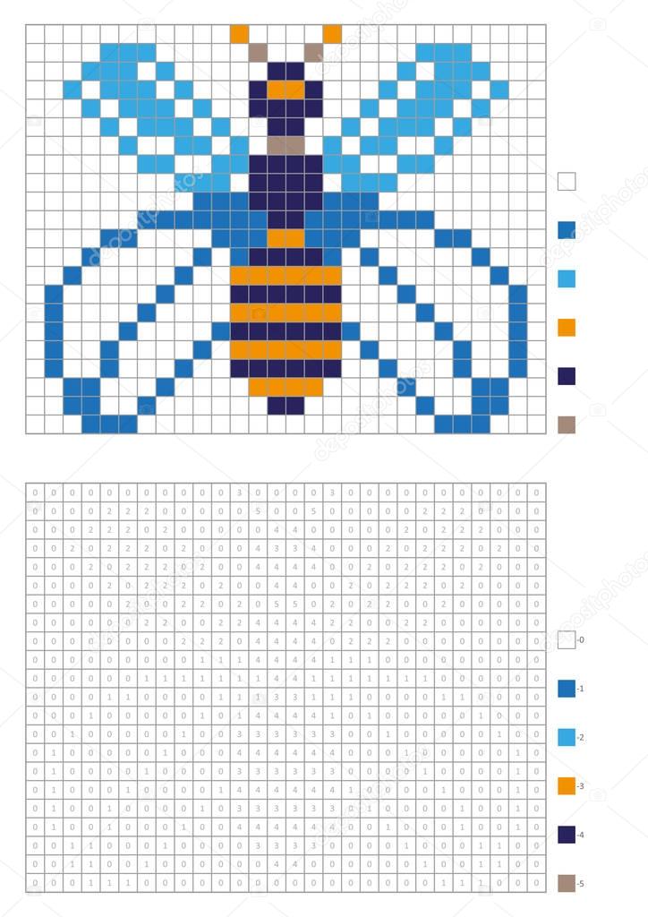 Kids coloring page, pixel coloring with numbered squares. Blue butterfly