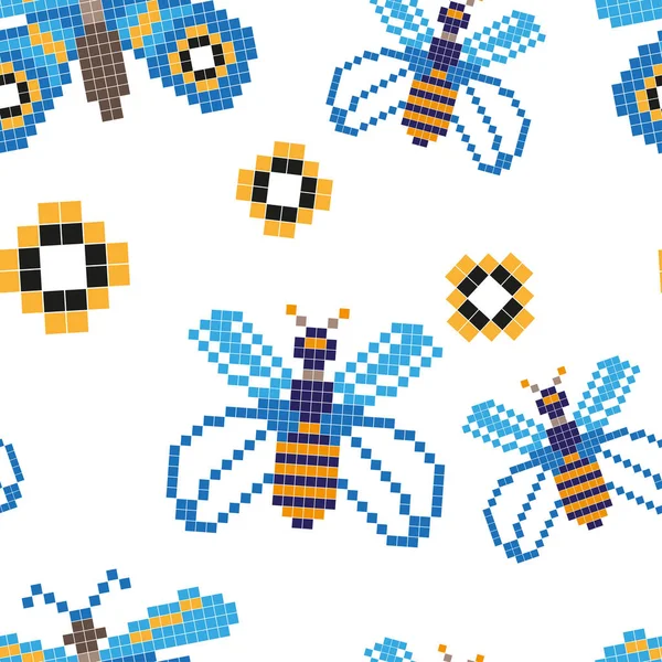 Modello senza cuciture con farfalla blu e fiore giallo. Arte pixel — Vettoriale Stock