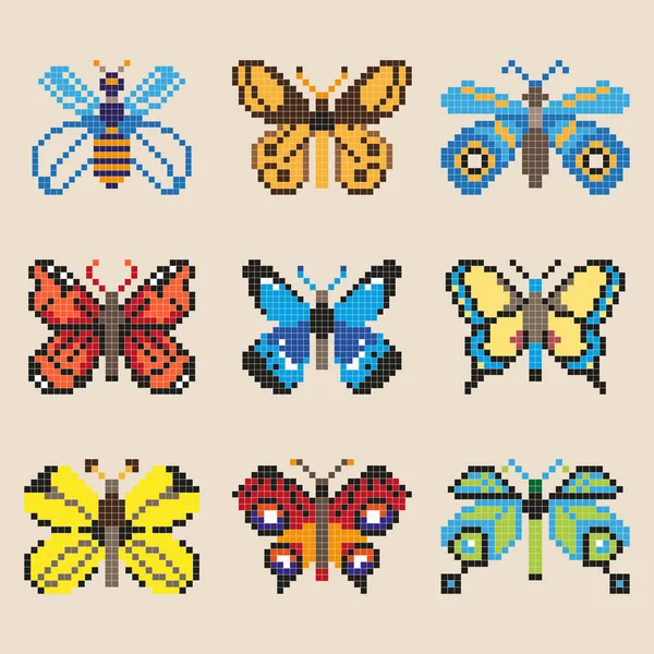 Set di diverse farfalle pixel — Vettoriale Stock