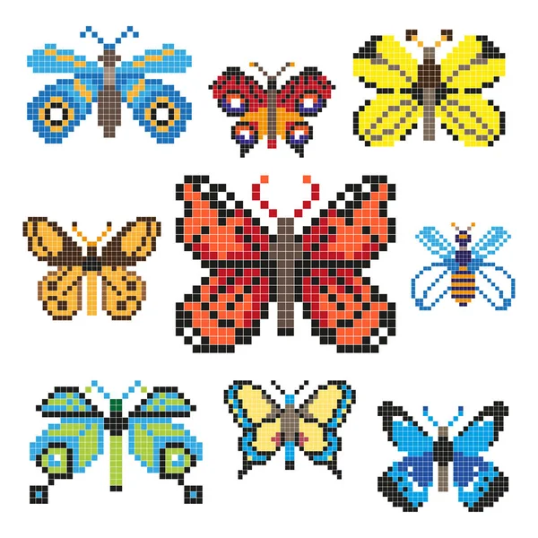 Zbiór różnych pikselach motyle na białym tle — Wektor stockowy