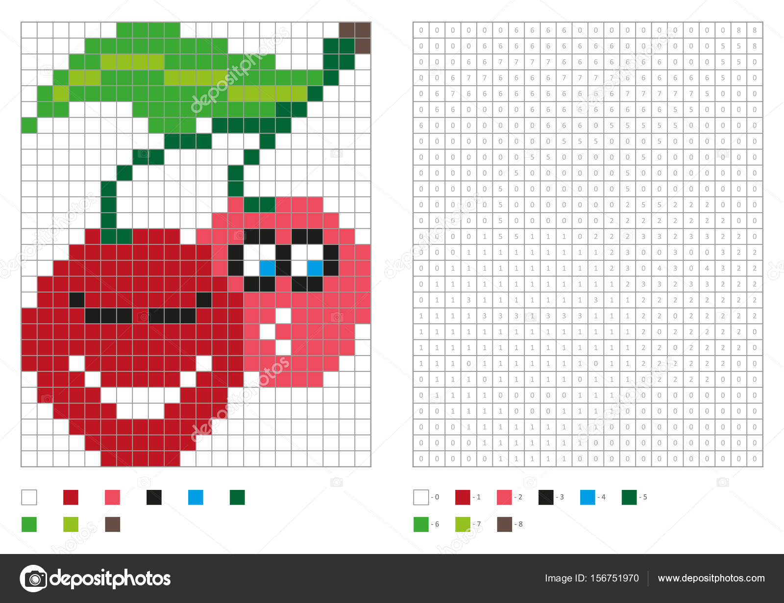 Kids coloring page, pixel coloring with funny cherry — Stock Vector