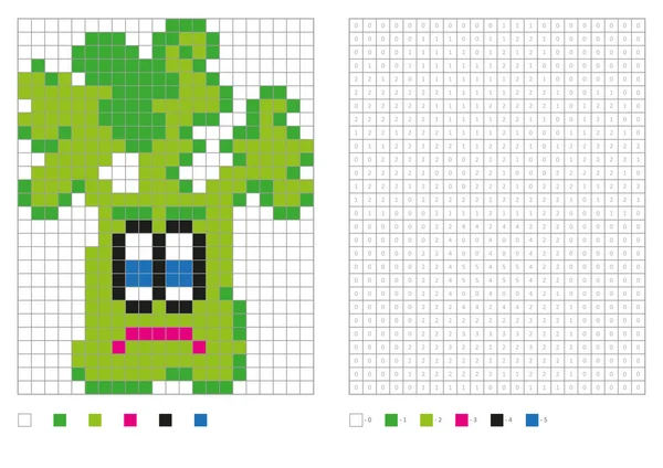 Kinder Malseite, Pixelfärbung mit lustigem Brokkoli — Stockvektor