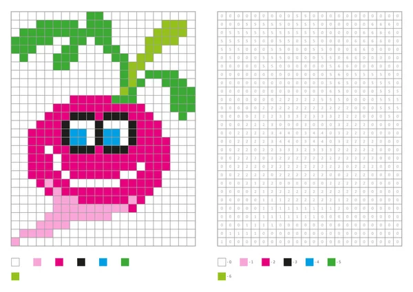 Розмальовка для дітей, піксельна розмальовка з кумедною редькою — стоковий вектор