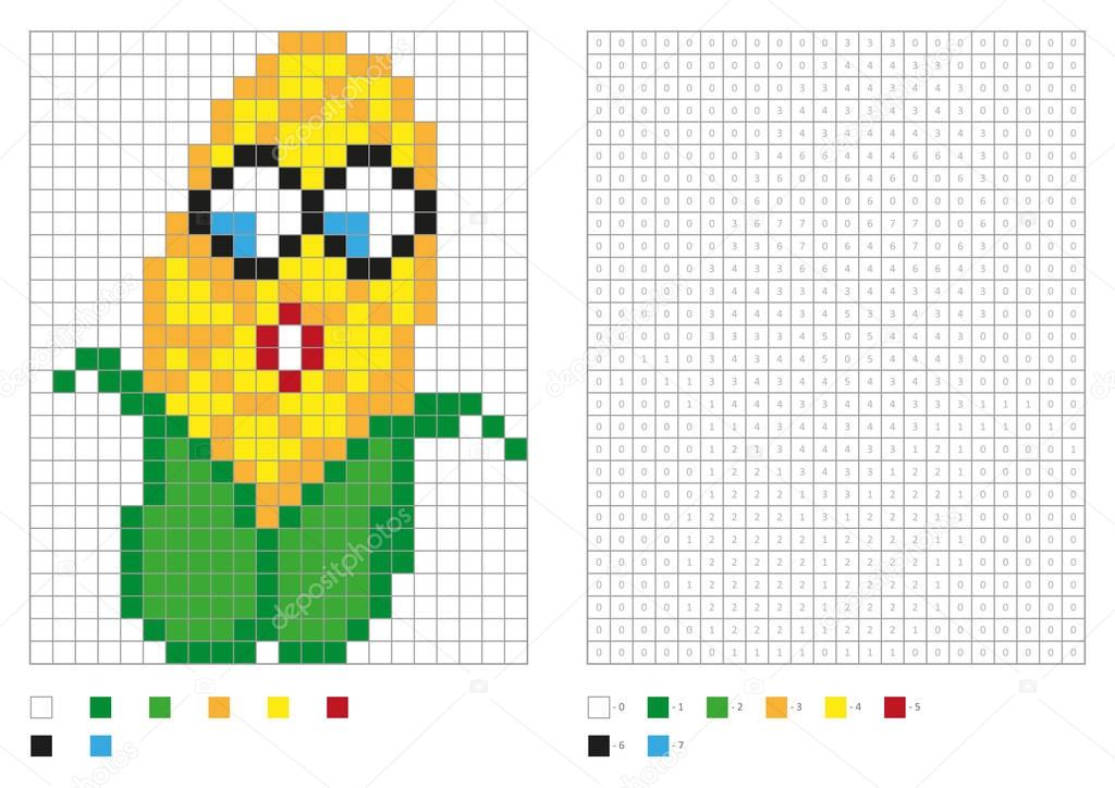 Kids coloring page, pixel coloring with funny corn