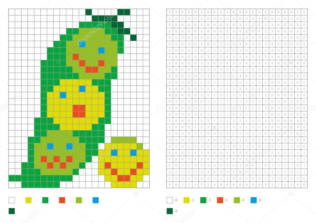 Kids coloring page, pixel coloring with funny pea