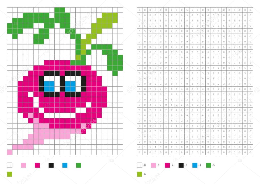 Kids coloring page, pixel coloring with funny radish