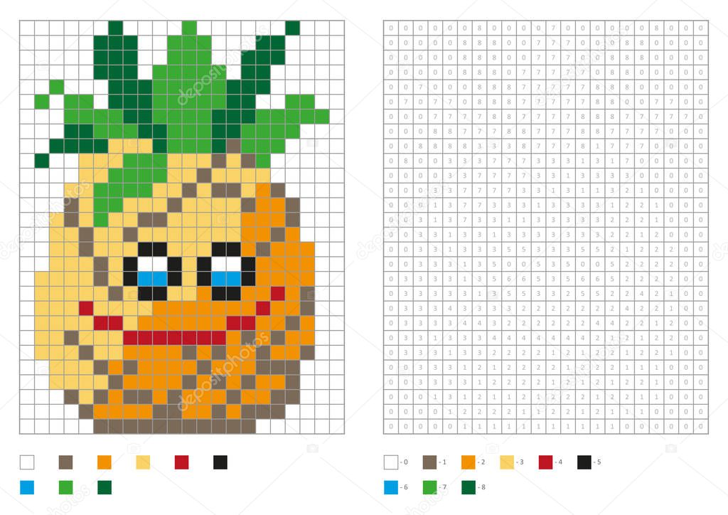 Kids coloring page, pixel coloring with funny pineapple