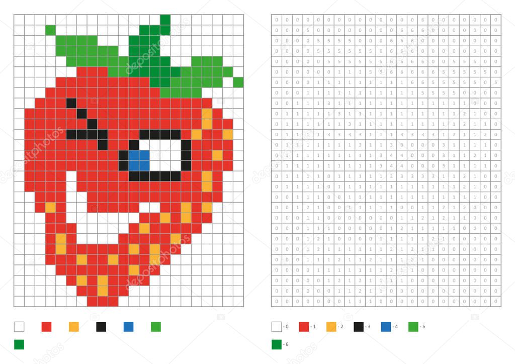 Kids coloring page, pixel coloring with funny strawberry