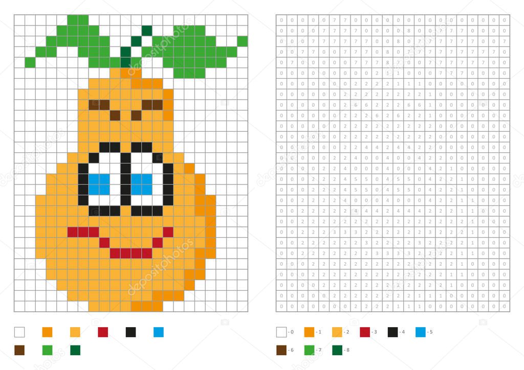 Kids coloring page, pixel coloring with funny pear