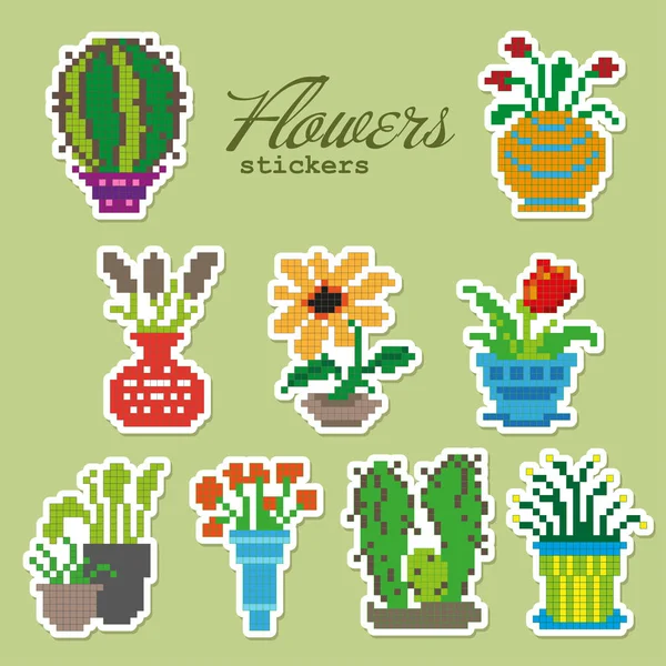 Kleurrijke Pixel Patch Badges Met Bloemen Vectorillustratie — Stockvector