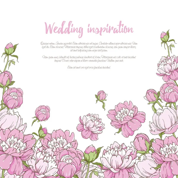 白い背景にピンクの牡丹と半円形のガーランドフレーム 結婚式のデザインのためのタンプレート ベクターイラスト — ストックベクタ