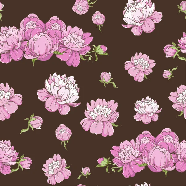 Seamless Pattern Pink Peony Brown Background Vector Illustration — Stock Vector