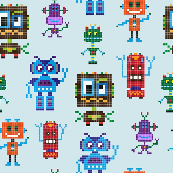 Nahtloses Muster mit Comic-Pixel-Robotern auf blauem Hintergrund — Stockvektor