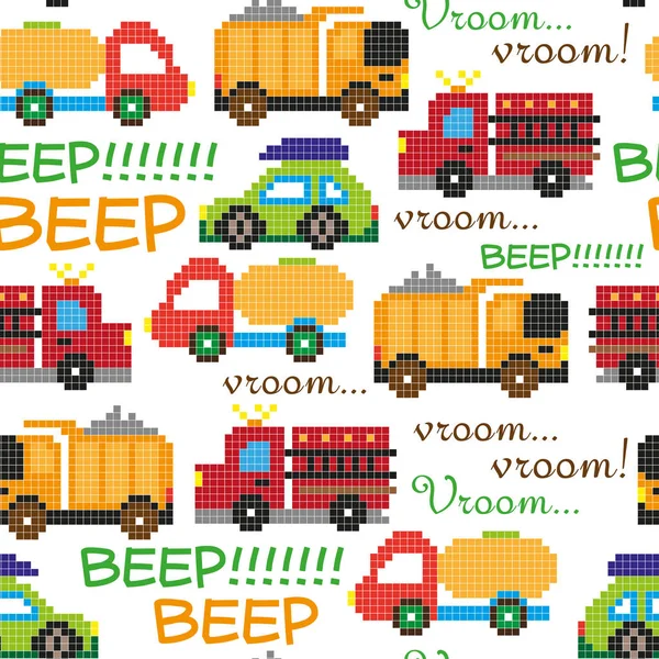 Seamless pattern with comic pixel cars on white background