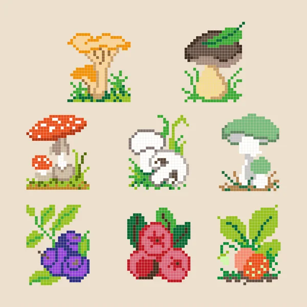 Set di diversi pixel bacche dei cartoni animati e funghi — Vettoriale Stock