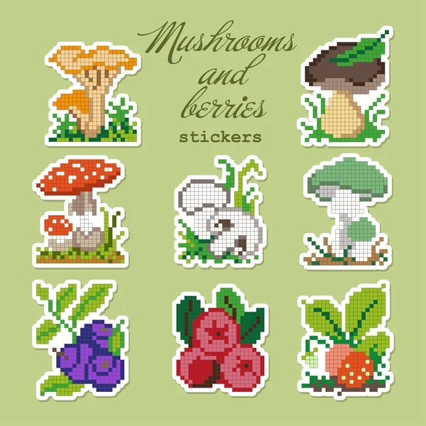 Барвисті піксельні значки з грибами та ягодами — стоковий вектор