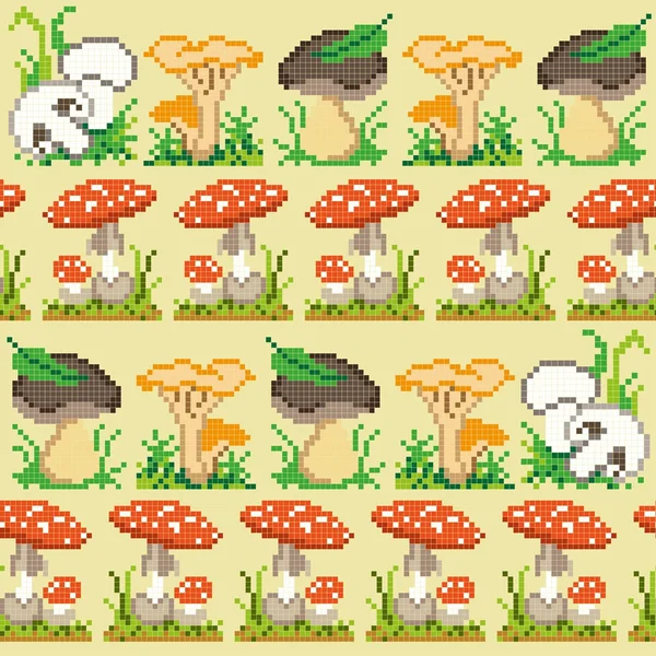Безшовний візерунок з комічними піксельними ягодами та грибами — стоковий вектор
