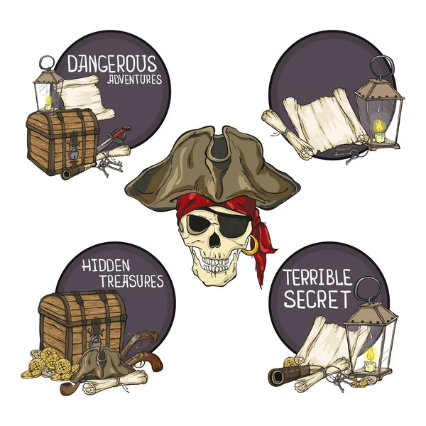 Set of pirate emblems with skull, hat, maps, pistols, chest and smoking pipe on circle background — Stock Vector