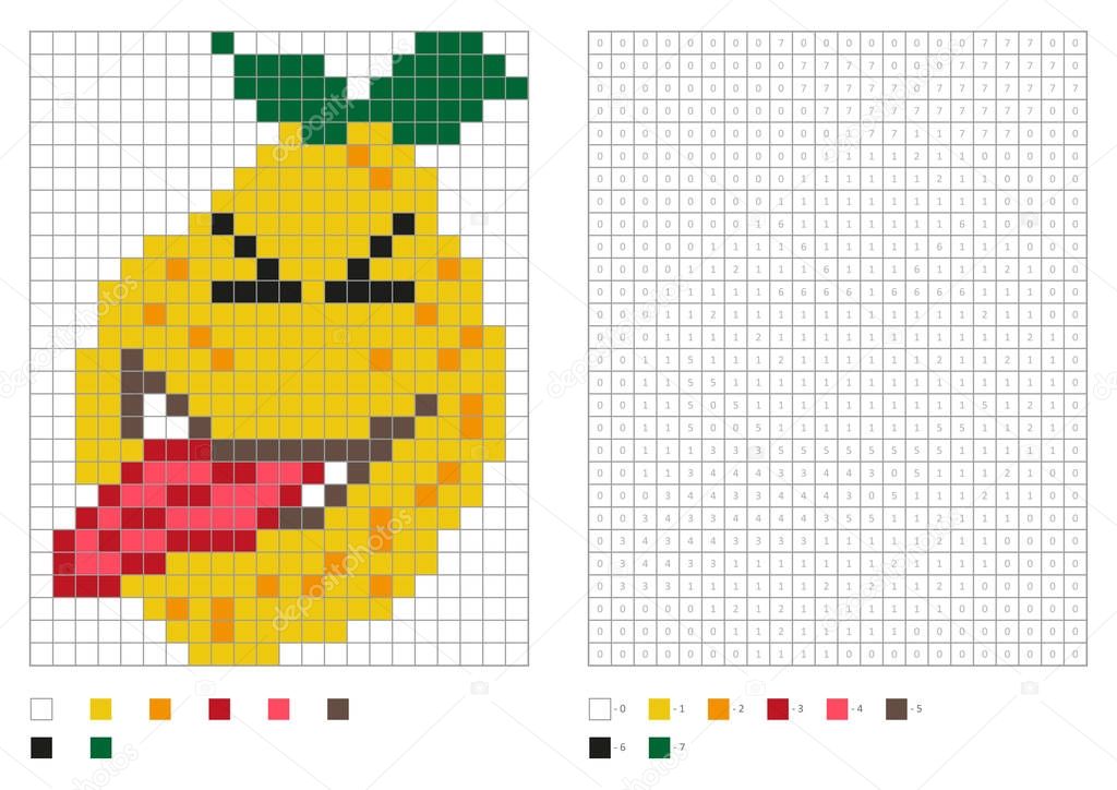 Kids coloring page, pixel coloring with funny lemon. Vector illustration