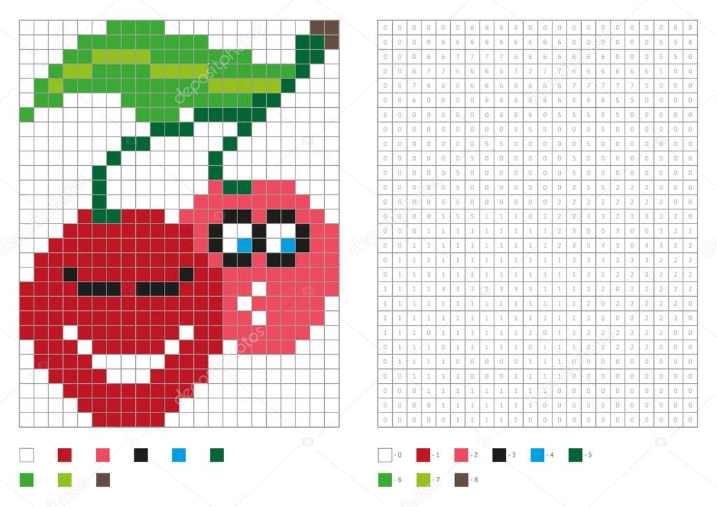 Kids coloring page, pixel coloring with funny cherry. Vector illustration