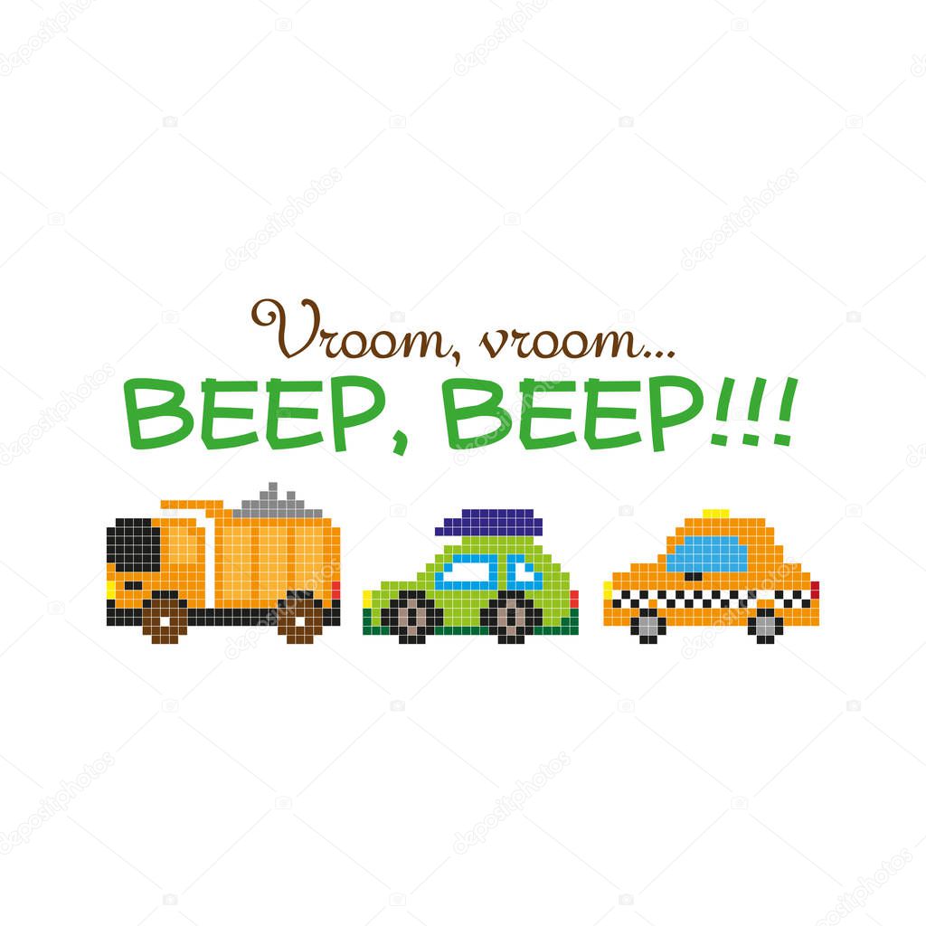 Three colorful pixel comic toy cars isolated on the white background. Vector illustration
