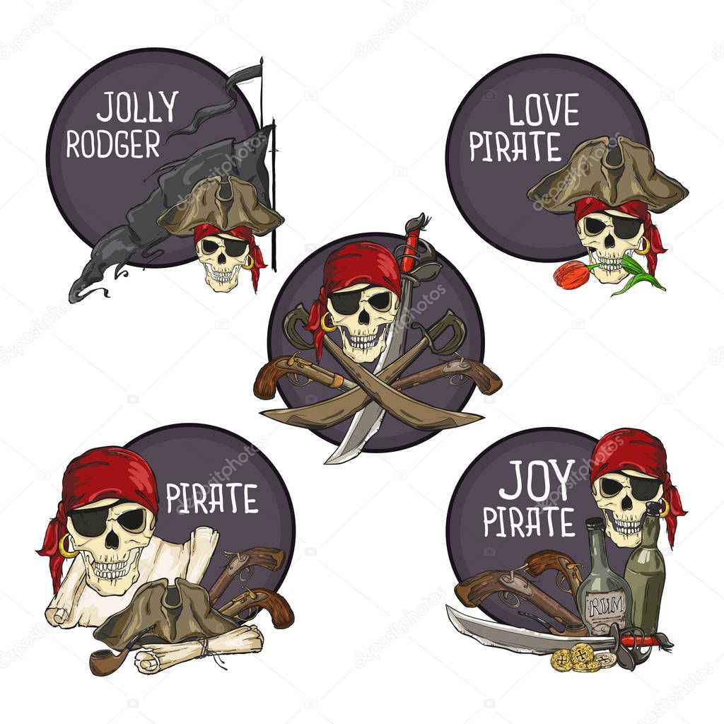 Set of pirate emblems with skull, hat, maps, pistols, and smoking pipe on circle background