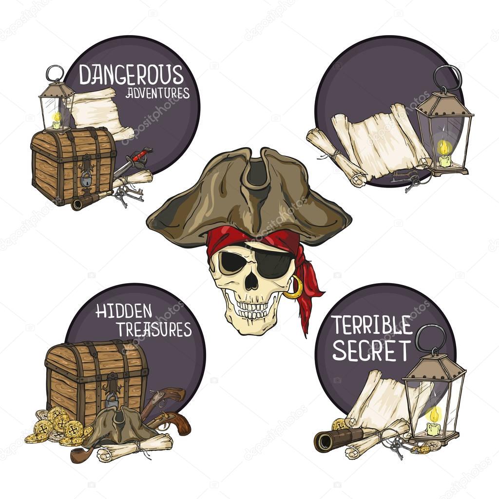Set of pirate emblems with skull, hat, maps, pistols, chest and smoking pipe on circle background
