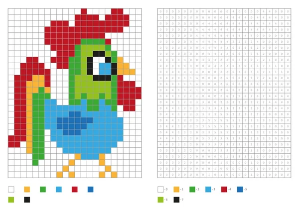 Pagina da colorare per bambini, colorazione pixel con uccello divertente — Vettoriale Stock