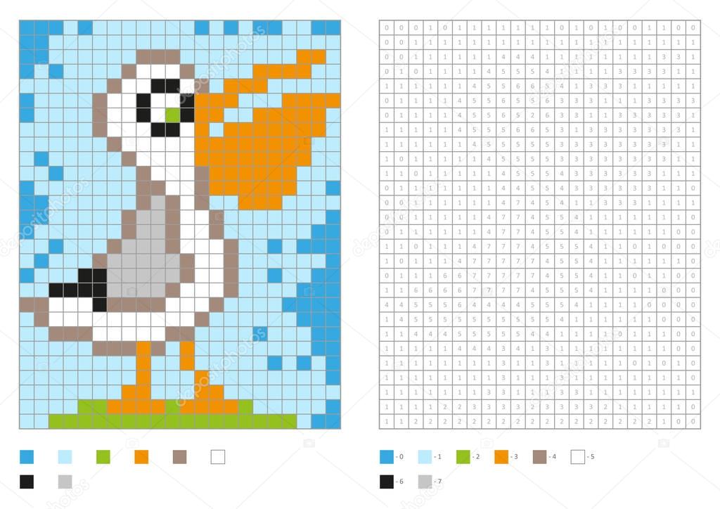 Kids coloring page, pixel coloring with fun bird