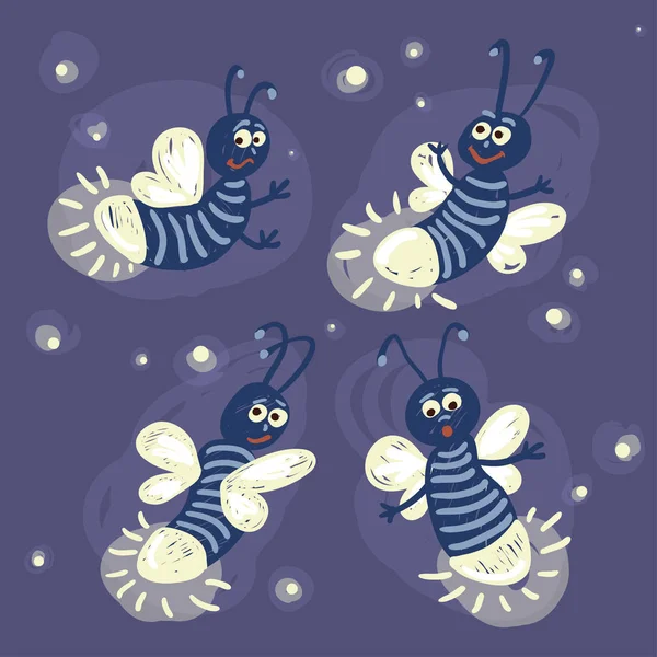 Set Four Cartoon Fireflies Vector Illustration — Stock Vector