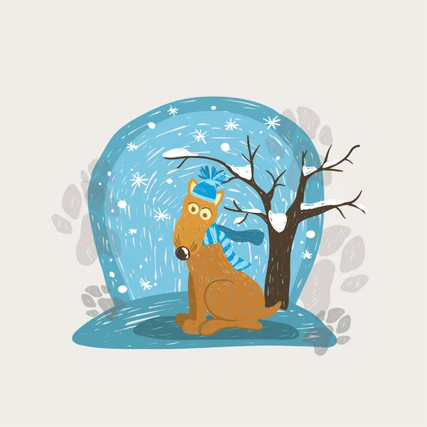 Cão engraçado dos desenhos animados sentar sob a árvore no inverno ao ar livre —  Vetores de Stock