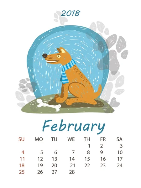Lindo calendario mensual 2018 con perro divertido — Archivo Imágenes Vectoriales