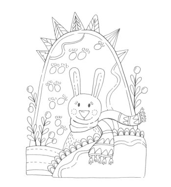 Çizgi film tavşanı. Mutlu Noeller boyama sayfası. Siyah beyaz arka plan. Çocuklar için boyama sayfası.