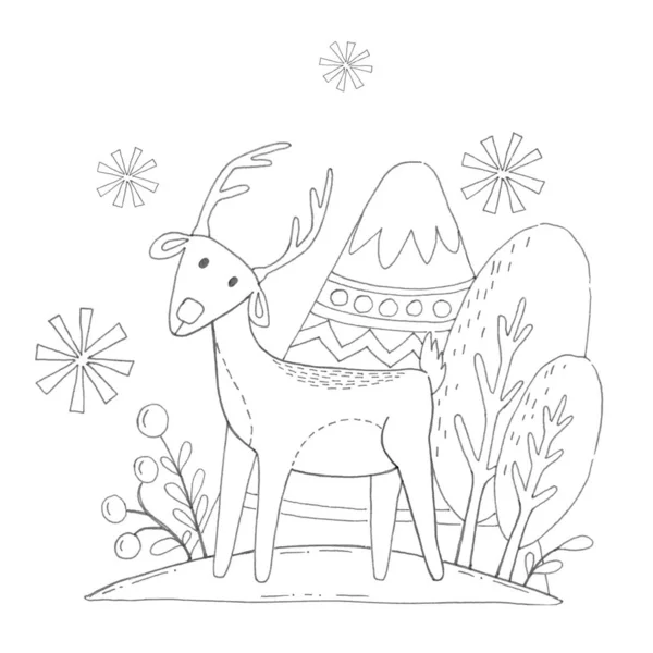 鹿だメリークリスマスぬりえページ 黒と白の背景 子供のためのぬりえページ — ストック写真