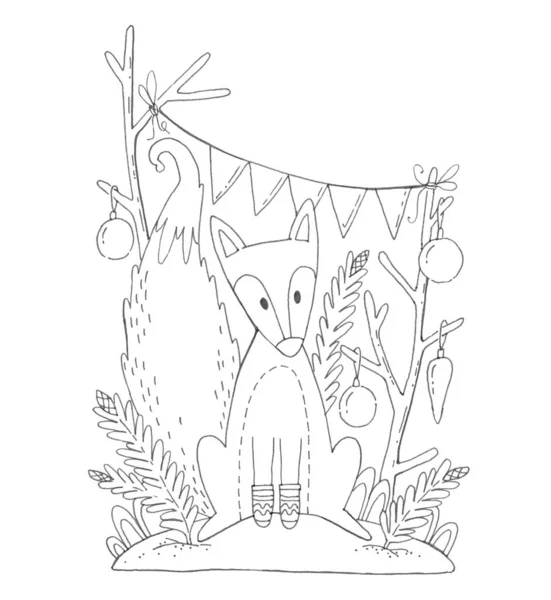 Fox. Merry Christmas Coloring page. Black and white background. Coloring page for kids.
