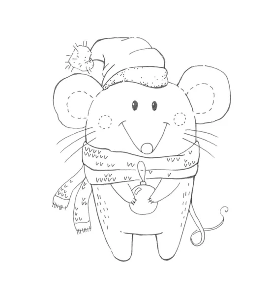 Mouse Merry Christmas Coloring Page Black White Background Coloring Page — Stock Photo, Image
